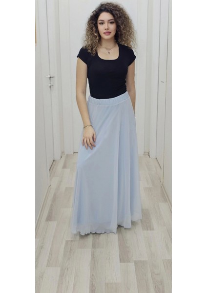 Bel Lastikli Kloş Şifon Etek 6003-BEBE Mavisi