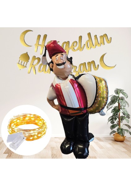 Ramazan Davulcusu Ayakta Durabilen Folyo Balon+Led Işık+Hoş Geldin Ramazan Kaligrafik Uzar Yazı