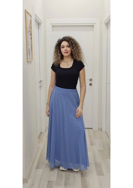 Bel Lastikli Kloş Şifon Etek 6003-İNDIGO