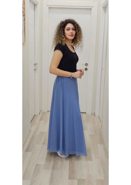 Bel Lastikli Kloş Şifon Etek 6003-İNDIGO fiyatları