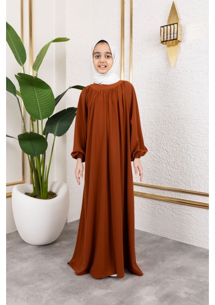 Reglan Kol Büzgülü Çocuk Elbise-Kiremit