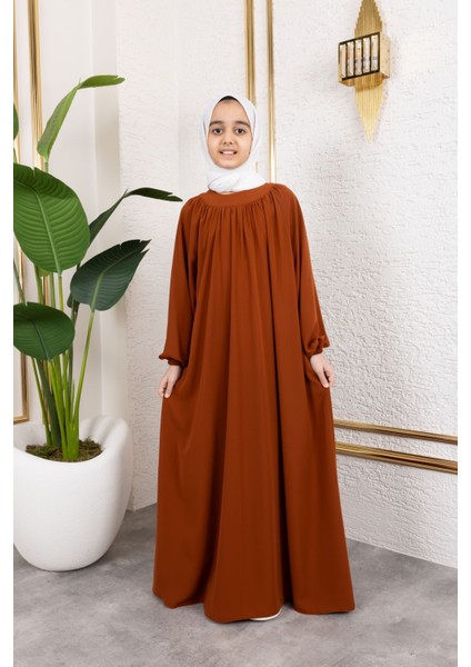 Reglan Kol Büzgülü Çocuk Elbise-Kiremit modelleri