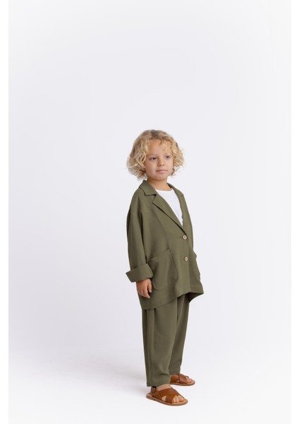 Unisex Keten Blazer Ceket Haki