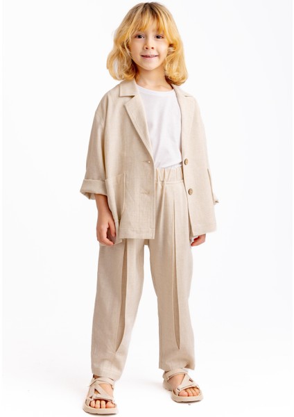 Unisex Keten Blazer Ceket Natürel