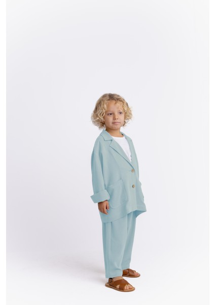 Unisex Keten Blazer Ceket Mavi