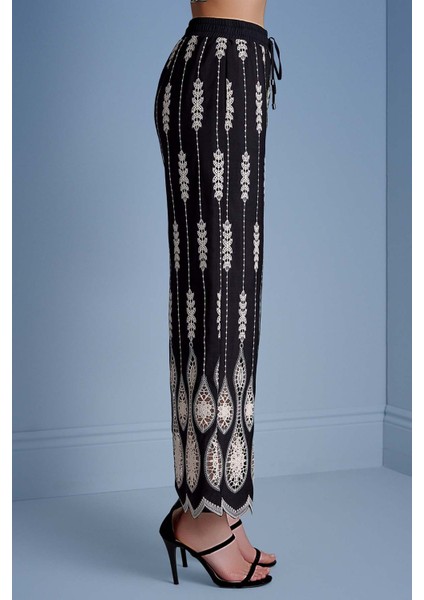 Geniş Paça Siyah Brodeli Pantolon indirimleri