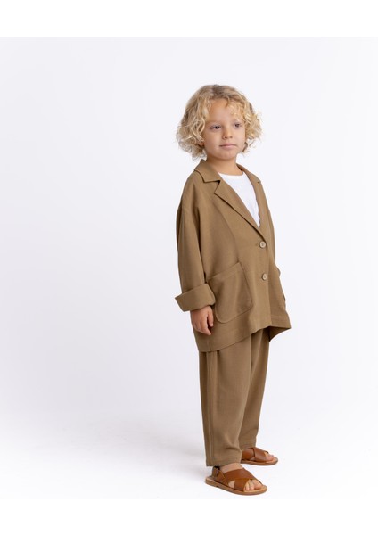 Unisex Keten Blazer Ceket Caramel