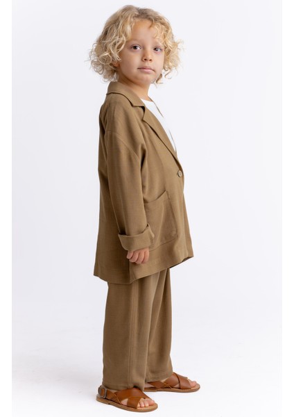 Unisex Keten Blazer Ceket Caramel