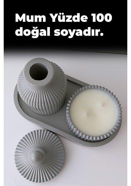 Açık Gri Minimalist Vazo, Oval Sunumluk Tepsi ve Şık Bir Kokulu Mum Dekorasyon Seti modelleri