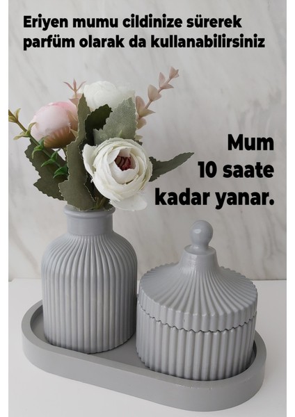 Açık Gri Minimalist Vazo, Oval Sunumluk Tepsi ve Şık Bir Kokulu Mum Dekorasyon Seti fırsatları