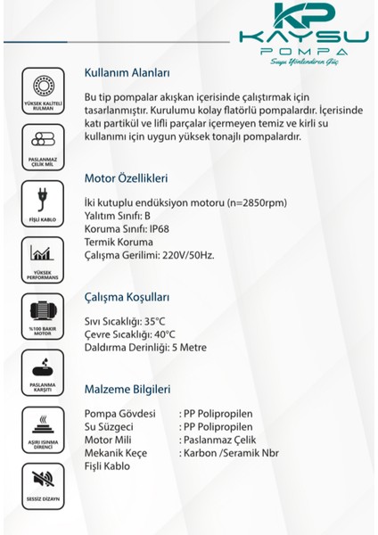SP1300/50 Açık Fanlı Plastik Drenaj Dalgıç Su Pompası 1.3 Kw 1.75 Hp