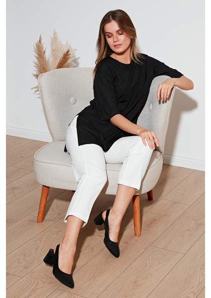 Oversize Bisiklet Yaka Yırtmaç Detaylı Bluz Bayan Bluz 5869000