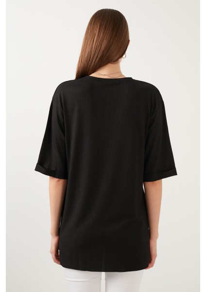 Oversize Bisiklet Yaka Yırtmaç Detaylı Bluz Bayan Bluz 5869000