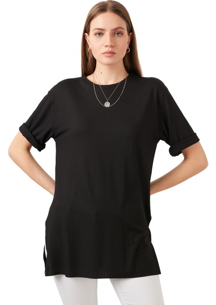 Oversize Bisiklet Yaka Yırtmaç Detaylı Bluz Bayan Bluz 5869000