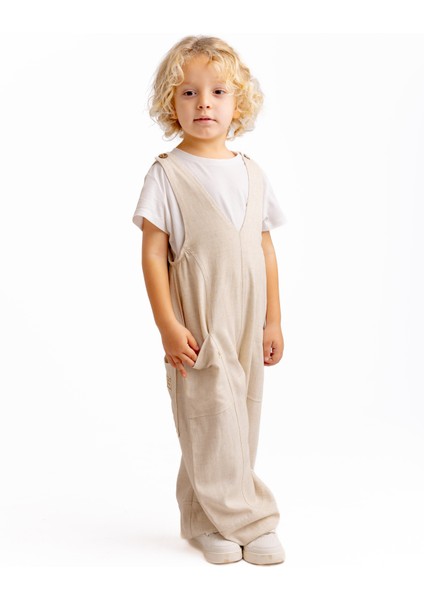Unisex V Yaka Paça Lastikli Keten Salopet Naturel
