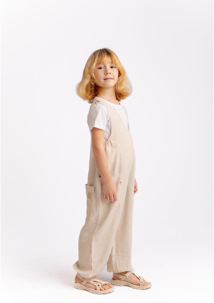 Unisex V Yaka Paça Lastikli Keten Salopet Naturel