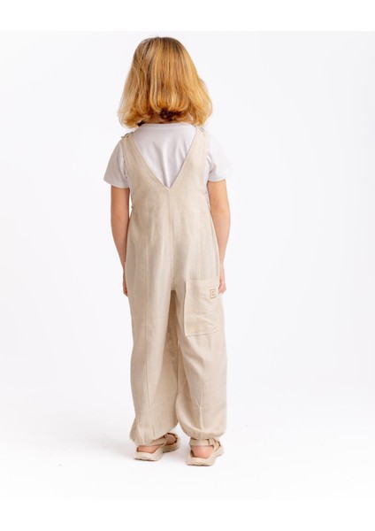 Unisex V Yaka Paça Lastikli Keten Salopet Naturel