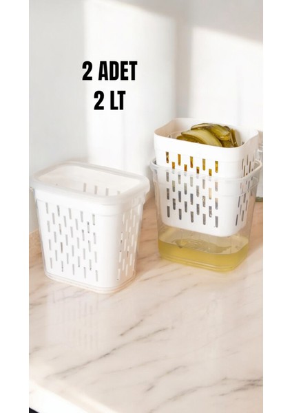 Lala 2’li Süzgeçli Turşuluk Zeytinlik Çok Amaçlı Dikdörtgen Saklama Kabı Seti - 2 X(2lt)