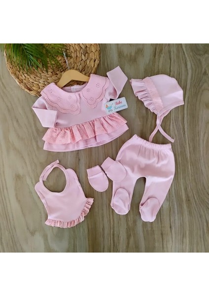 Bebe Yaka Pembe %100 Doğal Pamuk 5'li Hastane Çıkışı Zıbın Takımı BBK1145