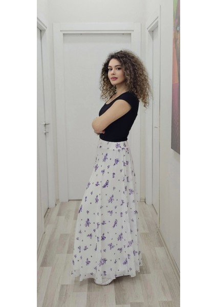 Bel Lastikli Kloş Şifon Etek 6003-BEYAZ/LILA fiyatları