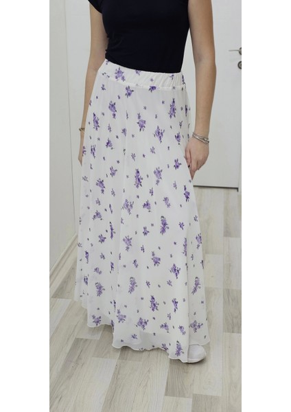 Bel Lastikli Kloş Şifon Etek 6003-BEYAZ/LILA modelleri