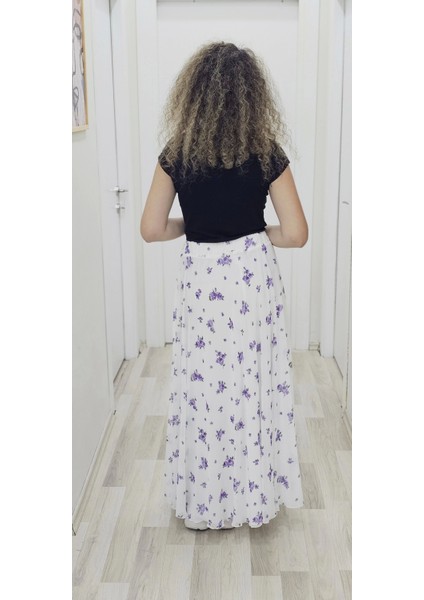 Bel Lastikli Kloş Şifon Etek 6003-BEYAZ/LILA fırsatları
