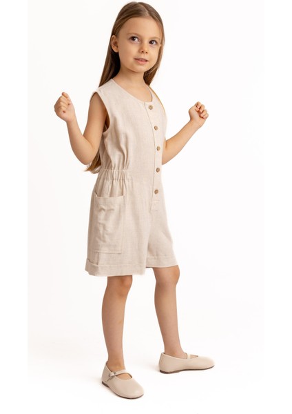 Yanları Cepli Kısa Boy Keten Tulum Naturel modelleri