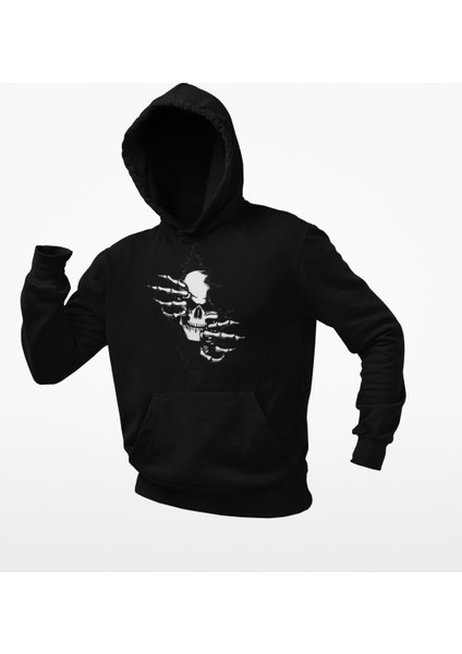 Güğsü Yarıp Çıkan Iskelet Temalı Kapşonlu Sweatshirt