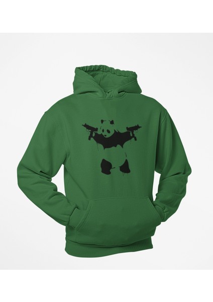Elinde Tarayıcı Silahlar Olan Panda Baskılı Kapüşonlu Sweatshirt