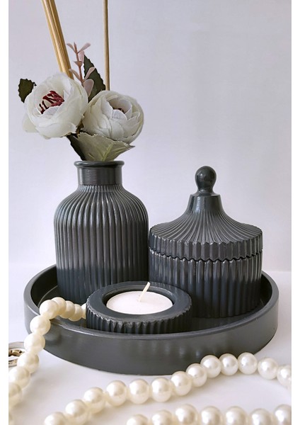 Minimalist Antrasit Gri Dekorasyon Seti - Vazo, Çok Amaçlı Kapaklı Kutu ve Yuvarlak Sunumluk Tepsi