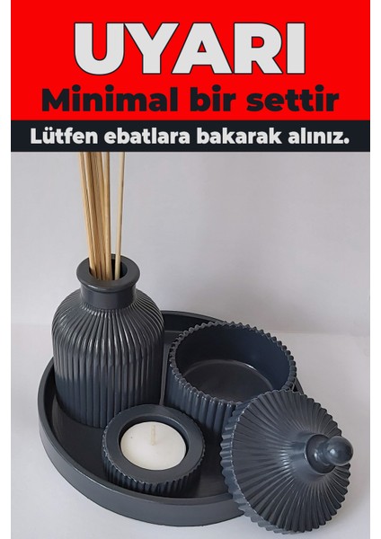 Minimalist Antrasit Gri Dekorasyon Seti - Vazo, Çok Amaçlı Kapaklı Kutu ve Yuvarlak Sunumluk Tepsi indirimleri