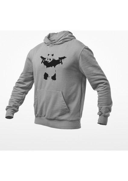 Elinde Tarayıcı Silahlar Olan Panda Baskılı Kapüşonlu Sweatshirt