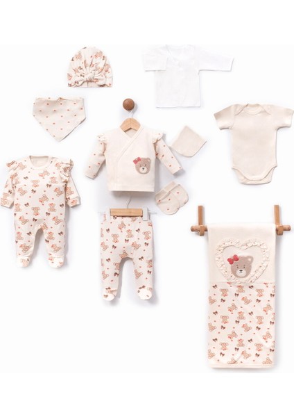 3024MC Kız Bebek Kalpli Ayıcık Baskılı 10'lu Kutulu Organik Hastane Çıkış Seti