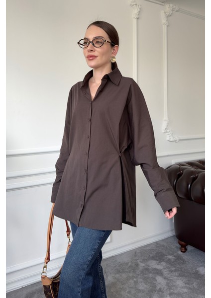 Düğme Detay Oversize Marka Poplin Gömlek- Kahverengi
