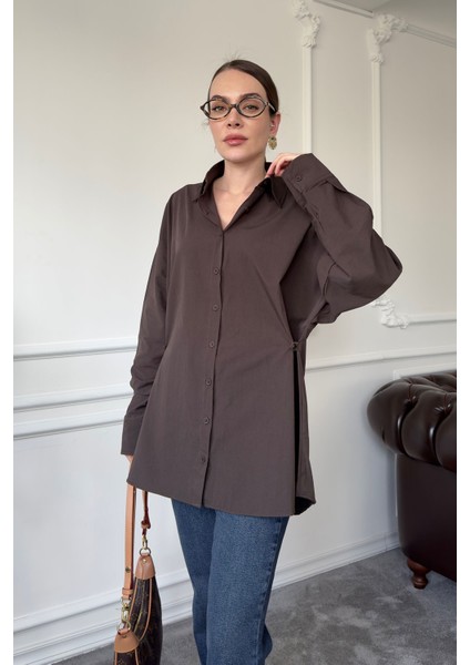 Düğme Detay Oversize Marka Poplin Gömlek- Kahverengi modelleri
