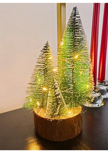 4 Lü Set Büyük Meşe Kütüklü led Işıklı 22 cm Büyük Boy Çam Ağaçları LED Işıklı Nevada çam Ağaçları Seti