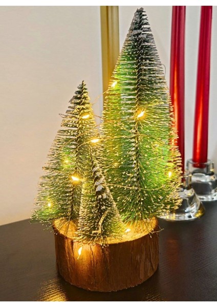 4 Lü Set Büyük Meşe Kütüklü led Işıklı 22 cm Büyük Boy Çam Ağaçları LED Işıklı Nevada çam Ağaçları Seti