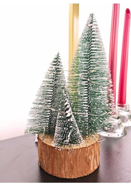 LED Işıklı Nevada çam Ağaçları 4 Lü Set Büyük Meşe Kütüklü led Işıklı 22 cm Büyük Boy Çam Ağaçları Seti