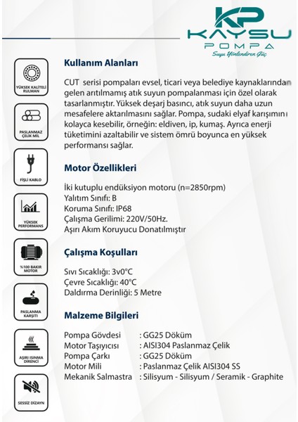 CUT1500 T Bıçaklı,öğütücülü Dalgıç Su Pompası (Trifaze Panolu) 1.5 Kw 2 Hp
