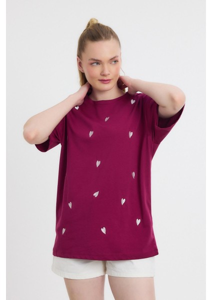 2150-11 Kalp Nakışlı Bisiklet Yaka Tişört Bordo