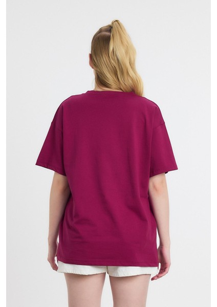 2150-11 Kalp Nakışlı Bisiklet Yaka Tişört Bordo