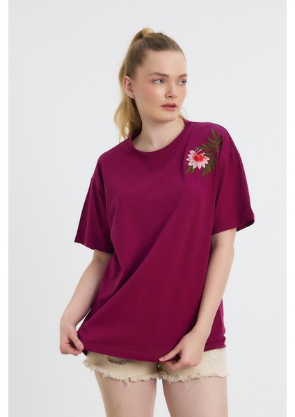 2150-21 Çiçek Nakışlı Tişört Bordo fiyatları