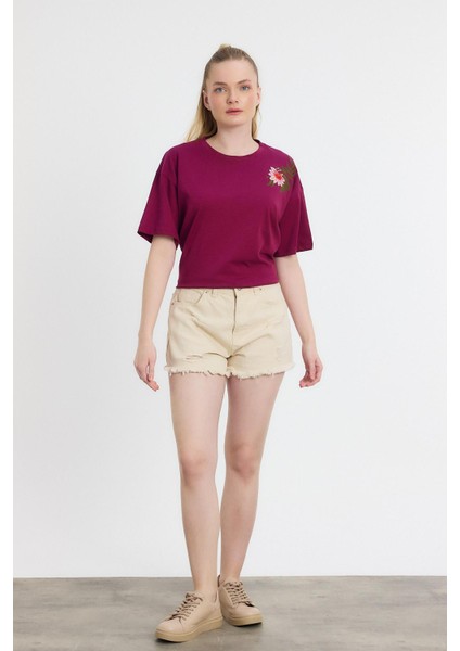 2150-21 Çiçek Nakışlı Tişört Bordo modelleri