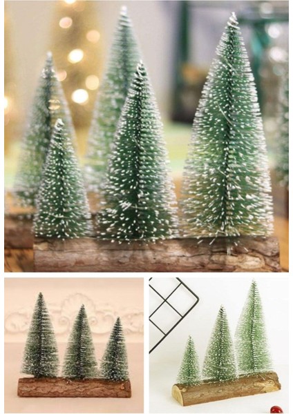 Meşe Kütük Üzerinde Çam Ağaçları 3 Lü Set Nevada Mini Çam Ağaçları Yılbaşı Hediyesi 16-12-10 cm Çam Ağaçları
