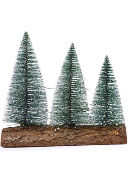 Meşe Kütük Üzerinde Çam Ağaçları 3 Lü Set Nevada Mini Çam Ağaçları Yılbaşı Hediyesi 16-12-10 cm Çam Ağaçları