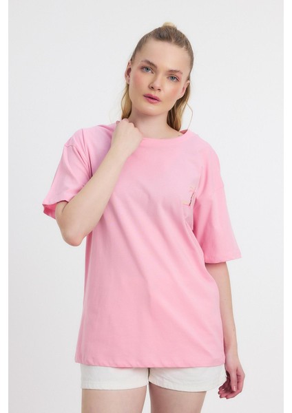 2150-16 Bisiklet Yaka Nakışlı Tişört Pembe