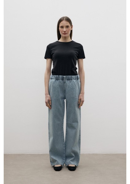 Taş Işlemeli Beli Lastikli Denim Pantolon