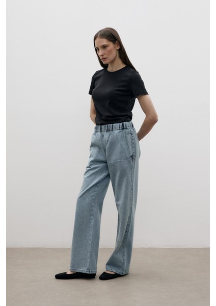 Taş Işlemeli Beli Lastikli Denim Pantolon