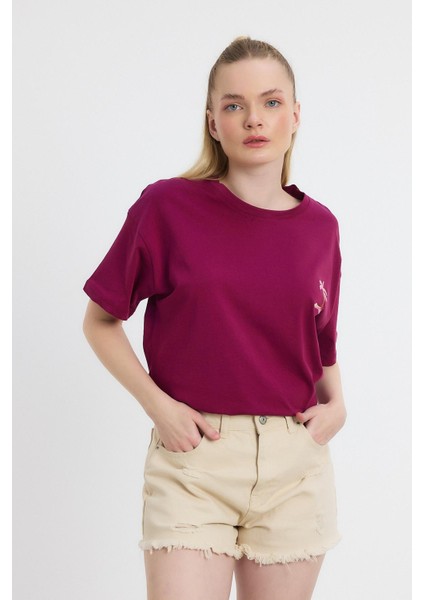 2150-16 Bisiklet Yaka Nakışlı Tişört Bordo