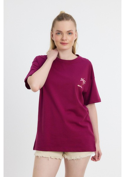 2150-16 Bisiklet Yaka Nakışlı Tişört Bordo fiyatları